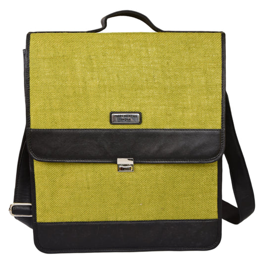 MERCHENTUS INDIA Green Elite Conference Bag | Premium Jute & Faux Leather Unisex Office & Laptop Bag