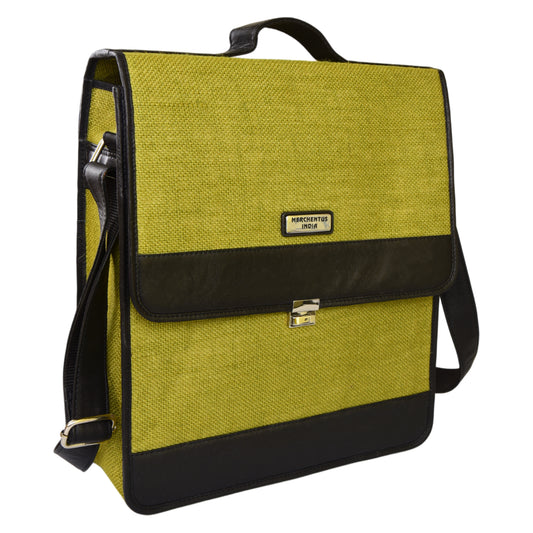 MERCHENTUS INDIA Green Elite Conference Bag | Premium Jute & Faux Leather Unisex Office & Laptop Bag