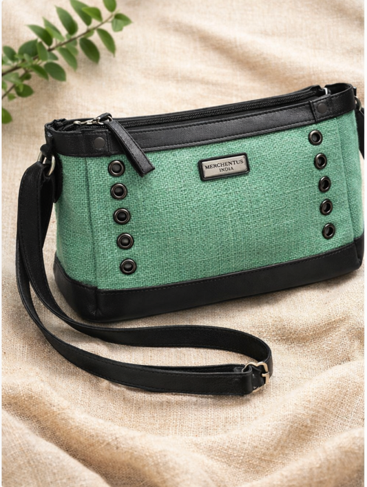 MERCHENTUS INDIA Green Rider Chocolate Ladies Bag | Green Dyed Jute & Faux Leather Sling Bag