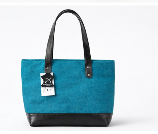 Sky-Blue Joy Ladies Bag | Eco-Friendly Dyed Jute & Faux Leather Tote for Office & Daily Use
