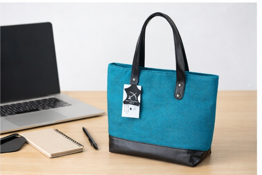 Sky-Blue Joy Ladies Bag | Eco-Friendly Dyed Jute & Faux Leather Tote for Office & Daily Use